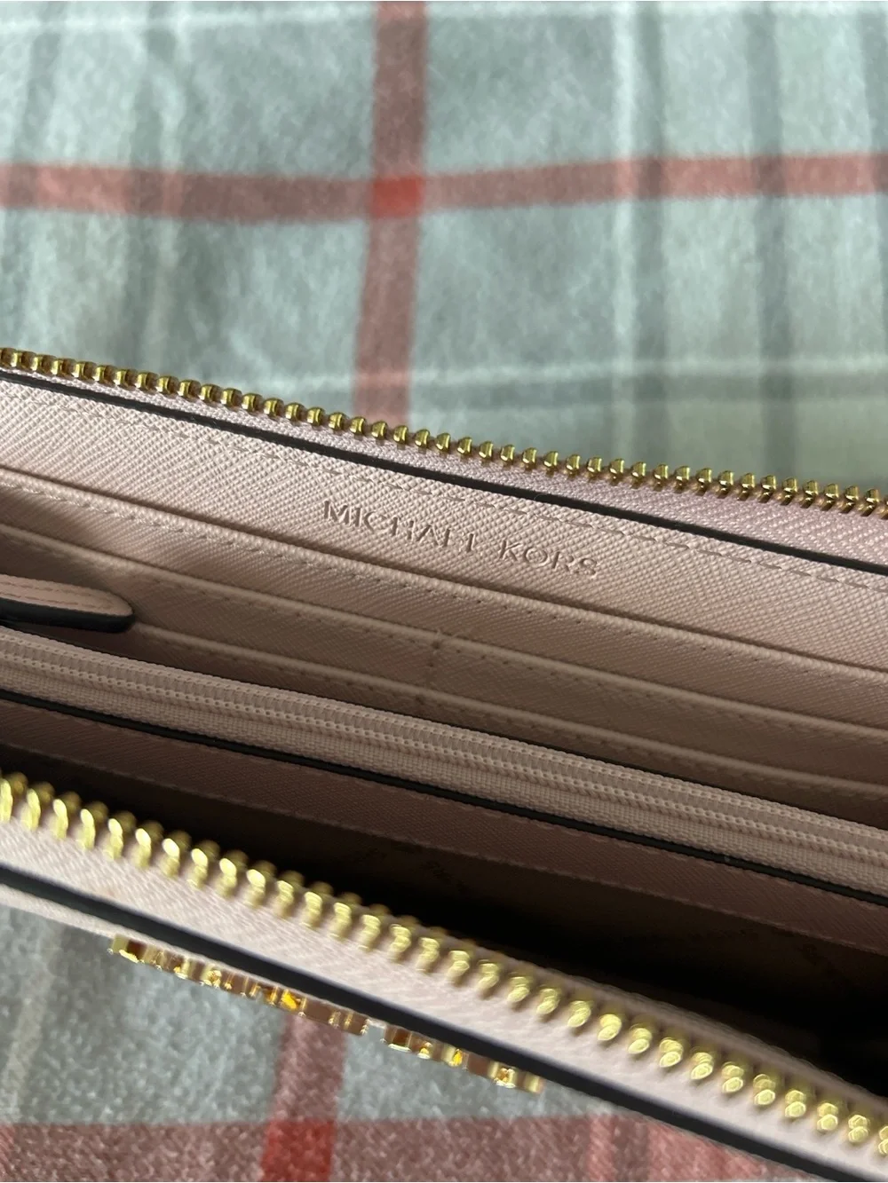 Michael Kors Pale Pink Saffiano Zip Wallet with Gold Logo